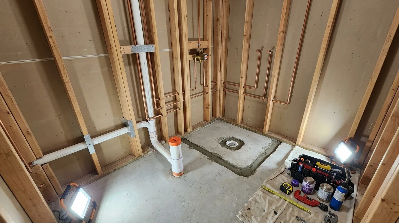 Bathroom rough-in plumbing during remodel by Johns Plumbing LLC in Palouse