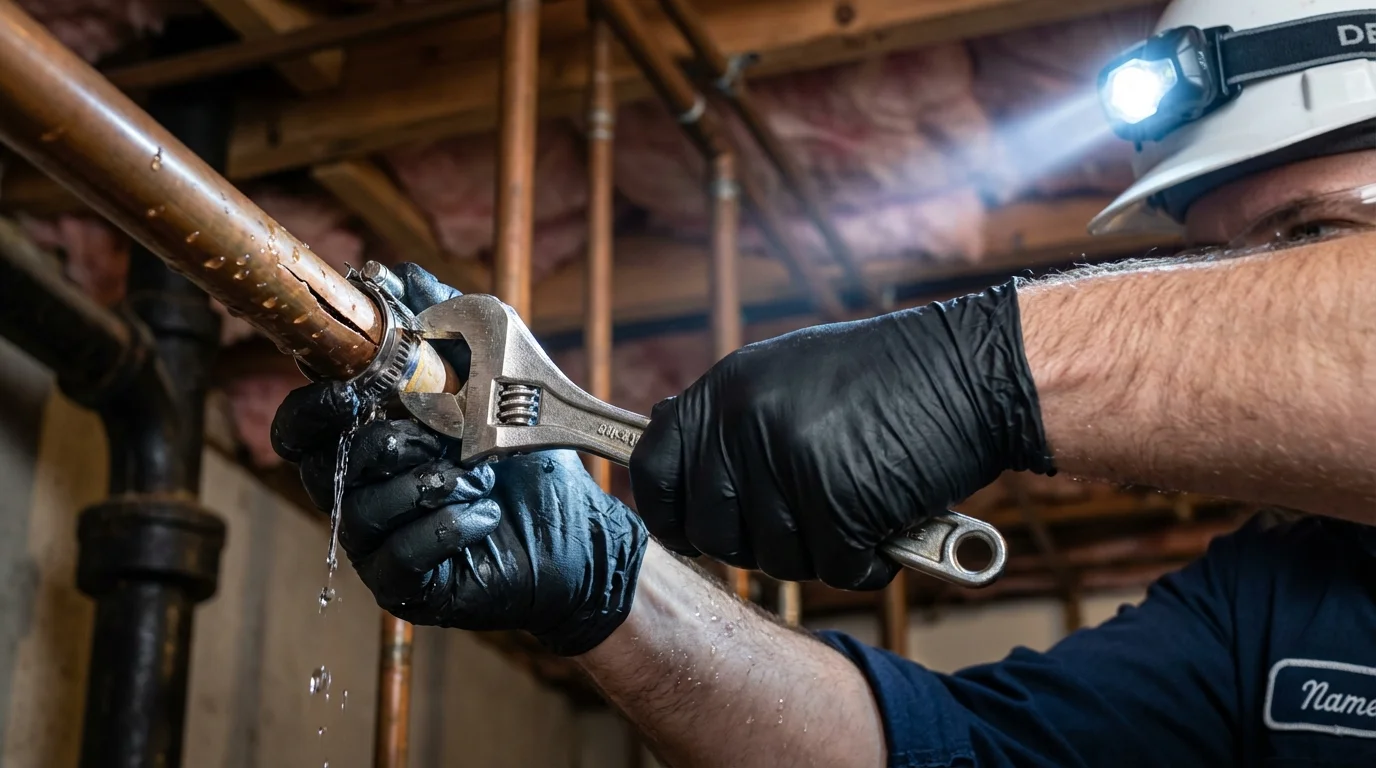 Emergency pipe clamp repair being performed by a Johns Plumbing LLC plumber in Palouse
