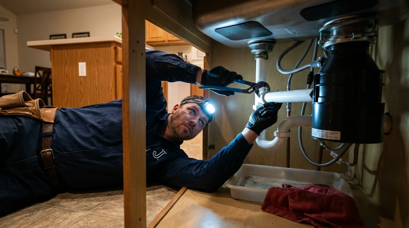 P-trap and supply line connections under a kitchen sink showing a common leak point in Palouse, WA
